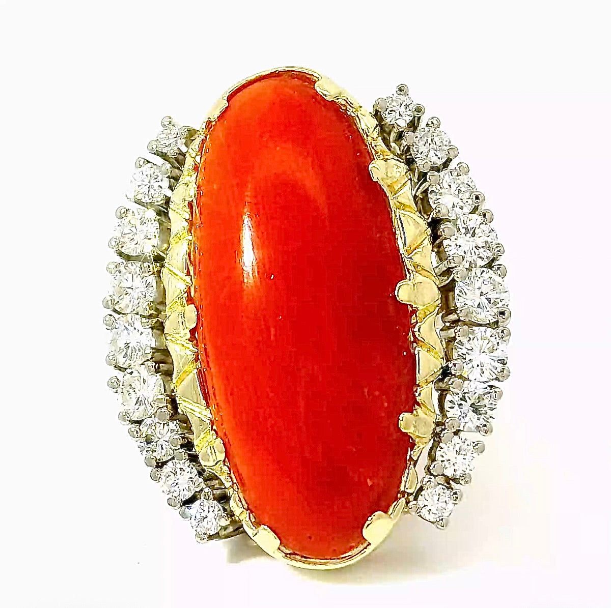 Extravagant cocktail ring in 14k yellow and white gold with fiery red coral and brilliant-cut diamonds