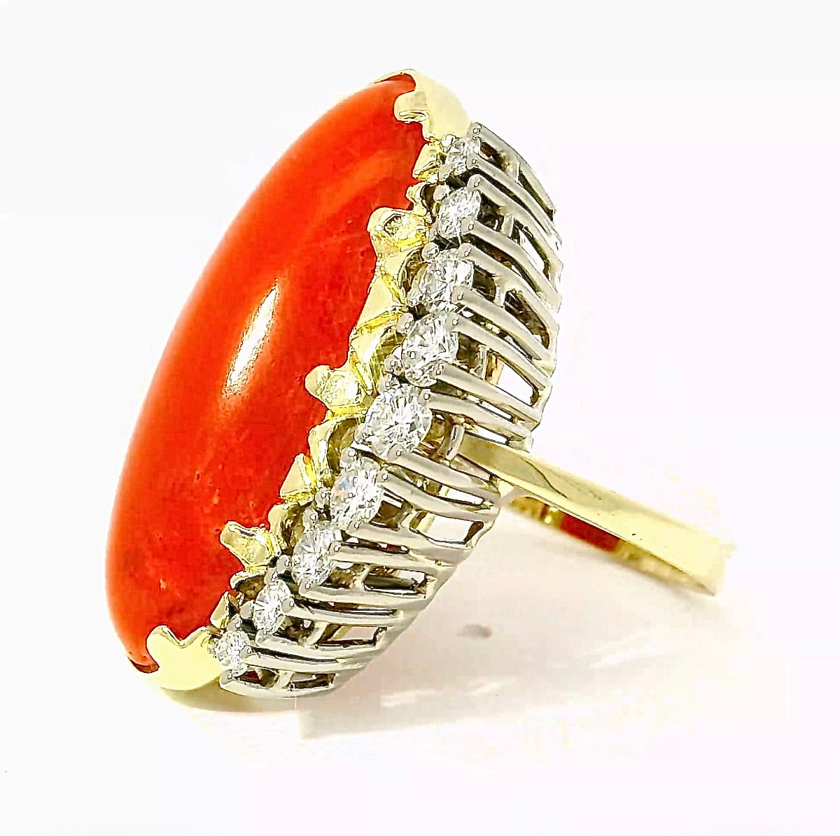 Extravagant cocktail ring in 14k yellow and white gold with fiery red coral and brilliant-cut diamonds
