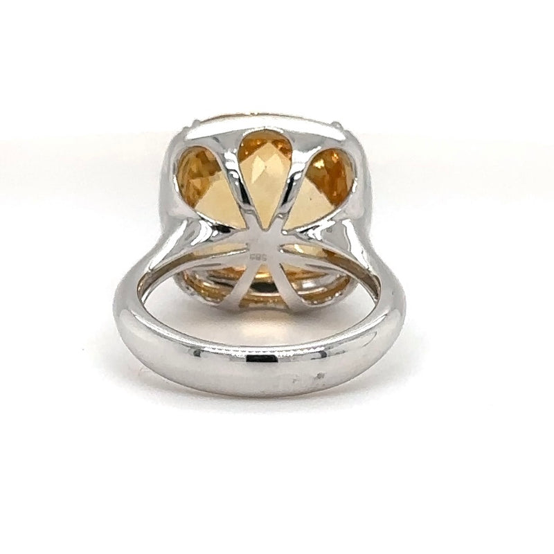Moderne witgouden ring in 14 karaat met een lichtgele citrien en fijne diamanten