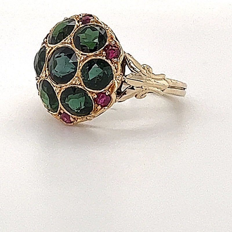 Special handmade rarity - ring in 14 carat yellow gold with lively tourmalines and rubies