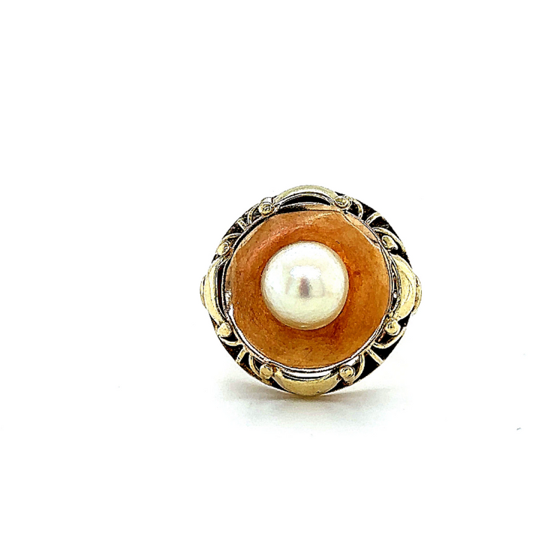 Vintage ring in 14 karaat geelgoud met Akoya parel en elegante versieringen 