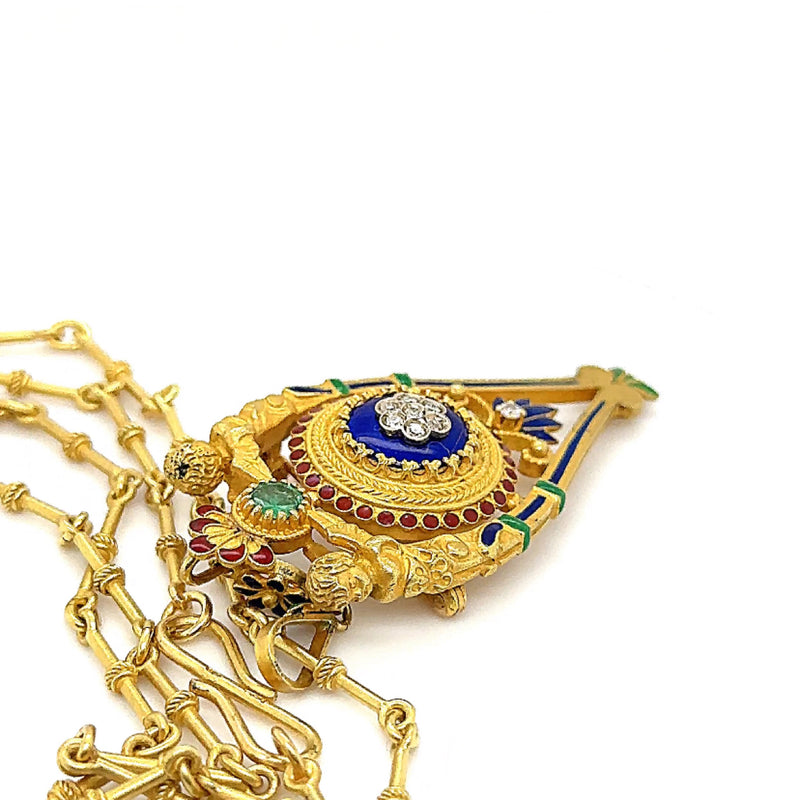 Einmaliges Collier in 18 Karat mit besonderem Anhänger/Brosche, mit Diamanten, Smaragd & Email