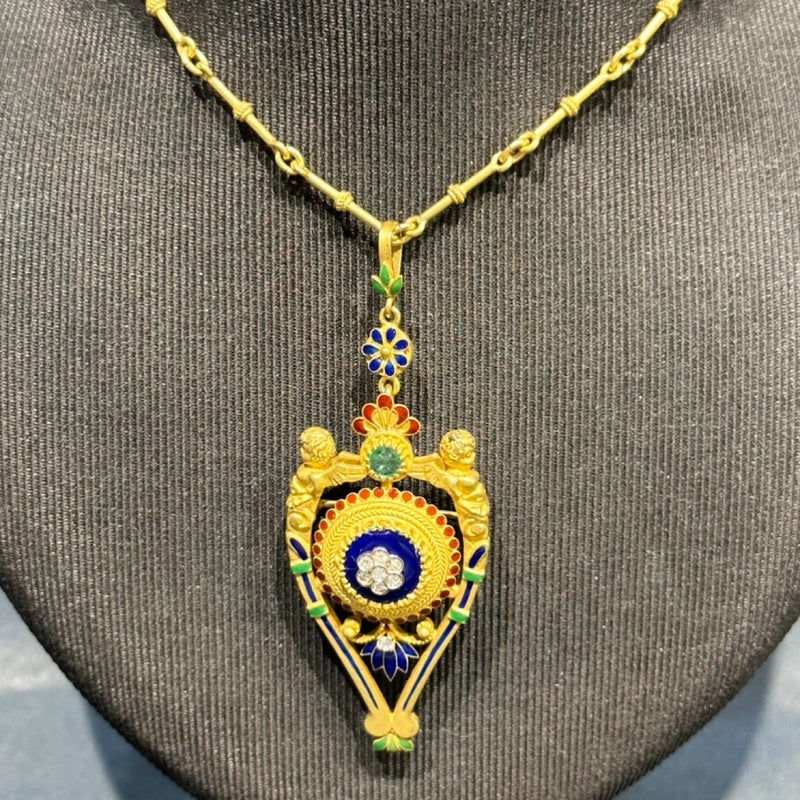 Einmaliges Collier in 18 Karat mit besonderem Anhänger/Brosche, mit Diamanten, Smaragd & Email