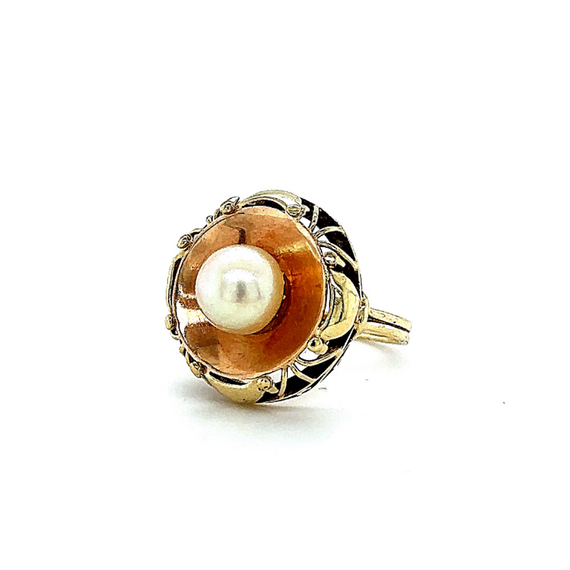 Vintage ring in 14 karaat geelgoud met Akoya parel en elegante versieringen 