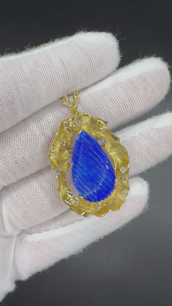 Einmaliger Anhänger/Brosche in 14 Karat Gelbgold mit Lapis Lazuli & Brillanten