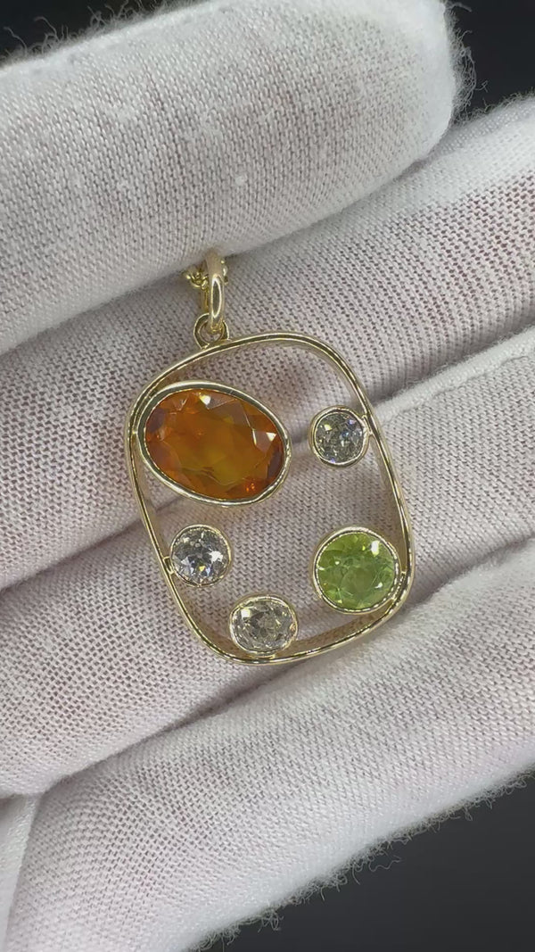 Ausgefallener Peridot / Citrin Anhänger in 14 Karat Gelbgold mit großen Diamanten