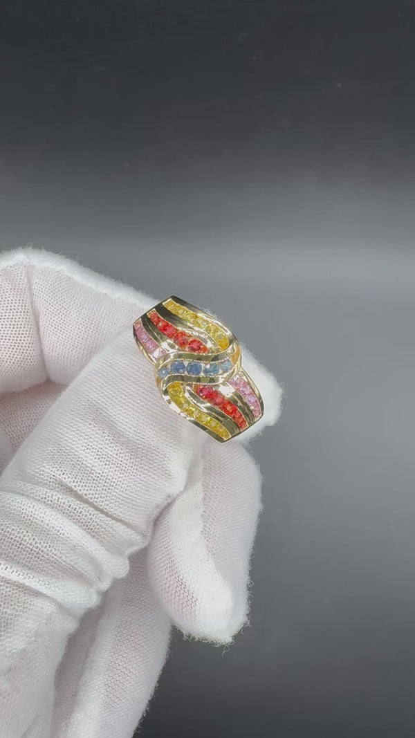 Farbenfroher Ring in 14 Karat Gelbgoldmit Farbsteinen im Wellen-Design