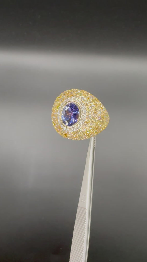 Magnificent yellow gold ring in 14 carat with over 200 brilliant-cut diamonds and very fine tanzanite