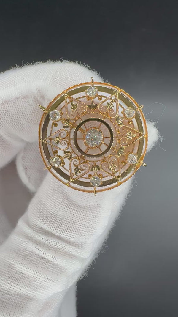 Antike Jugendstil Brosche in 14 Karat Roségold mit Altschliff-Diamanten