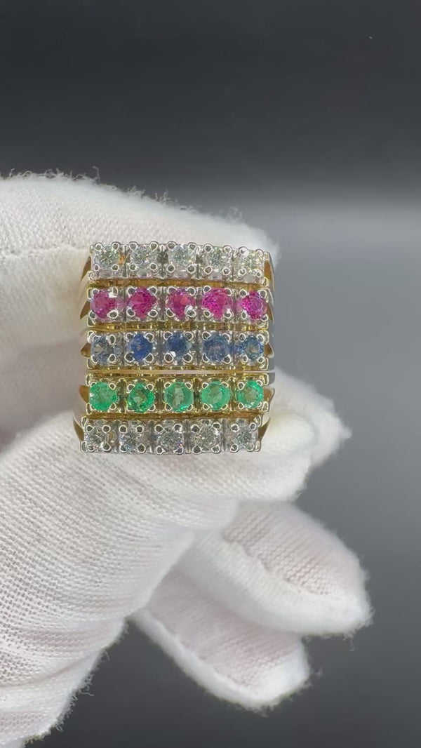 Breiter Halbmemory Ring in 14 Karat Gelbgold mit Saphir, Rubin, Smaragd & Brillanten