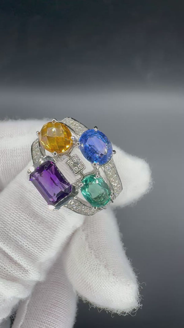 Cocktailring in 14 Karat Weißgold mit Saphir, Turmalin, Citrin, Amethyst & Brillanten
