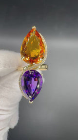 Moderner Cocktailring in 14 Karat Gelbgold mit feinen Brillanten, Amethyst & Citrin