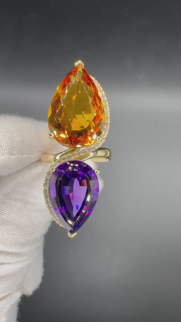 Moderner Cocktailring in 14 Karat Gelbgold mit feinen Brillanten, Amethyst & Citrin