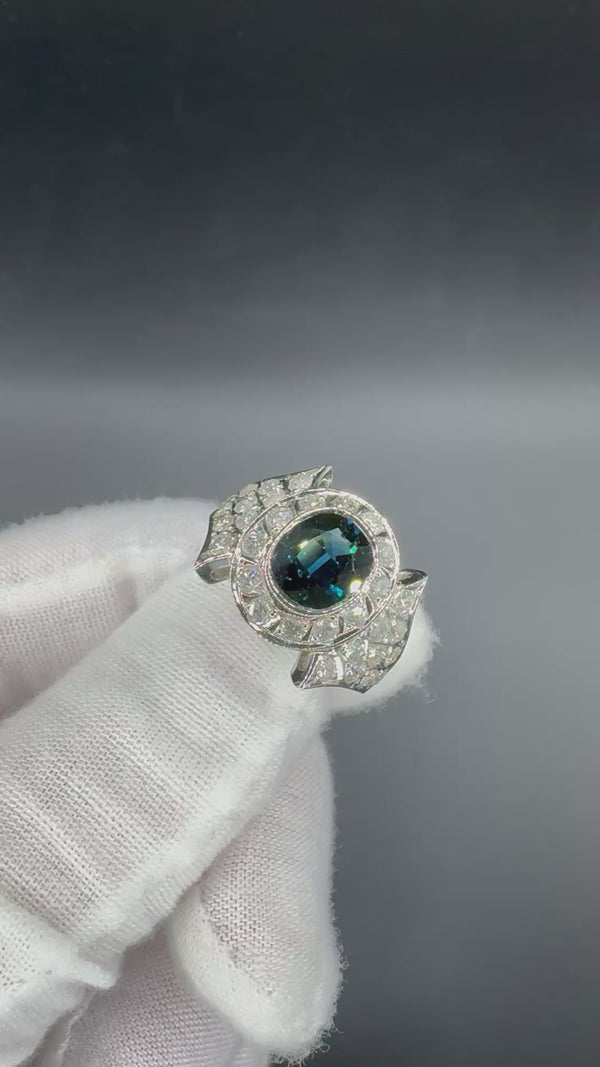 Prunkvoller Vintage-Ring in 14 Karat Weißgold mit Saphir & Brillanten