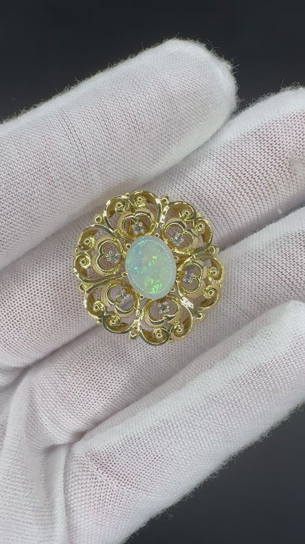 Handgefertigter Anhänger & Brosche in 18 Karat Gelbgold mit australischem Opal & Diamanten