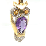 Fancy owl in 14 carat yellow and white gold with amethyst, citrine and diamonds