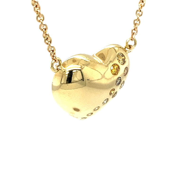 Hartenketting in 18 karaat geelgoud met natuurlijk gekleurde diamanten, met ketting in 14 karaat