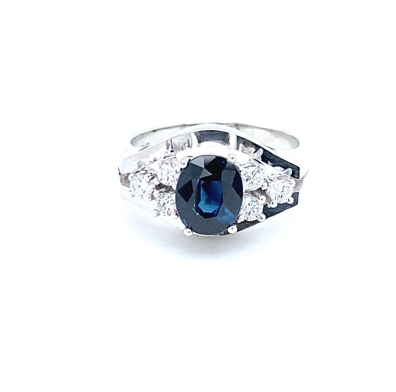 Elegante 14k witgouden ring met blauwe saffier en briljant geslepen diamanten