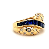 Handmade yellow gold ring in 18 carat with brilliant-cut diamonds and sapphires